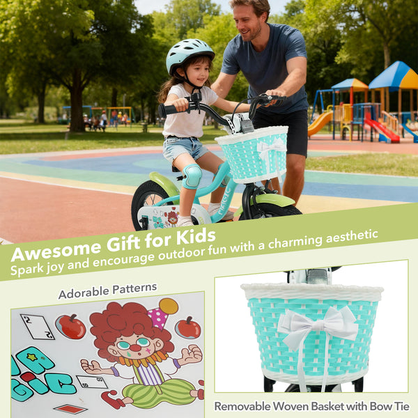 Green kids bike with training wheels and basket, available in 12/14/16 inches, angled view for toys and hobbies.
