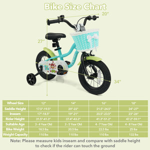 Green kids bike with training wheels and basket, available in 12/14/16 inches, perfect for outdoor fun.
