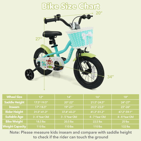 Green kids bike with training wheels and basket, available in 12/14/16 inches, perfect for outdoor fun.
