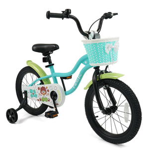 Green kids bike with training wheels and basket, available in 12/14/16 inches, perfect for outdoor play.