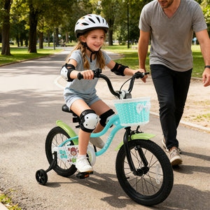 Green kids bike with training wheels and basket, available in 12/14/16 inches, perfect for outdoor play.