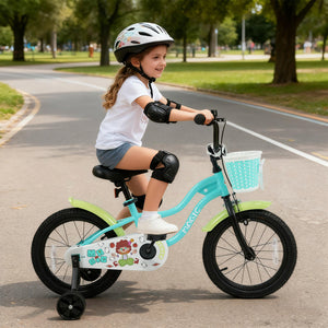 Green kids bike with training wheels and basket, available in 12/14/16 inches, perfect for outdoor fun.