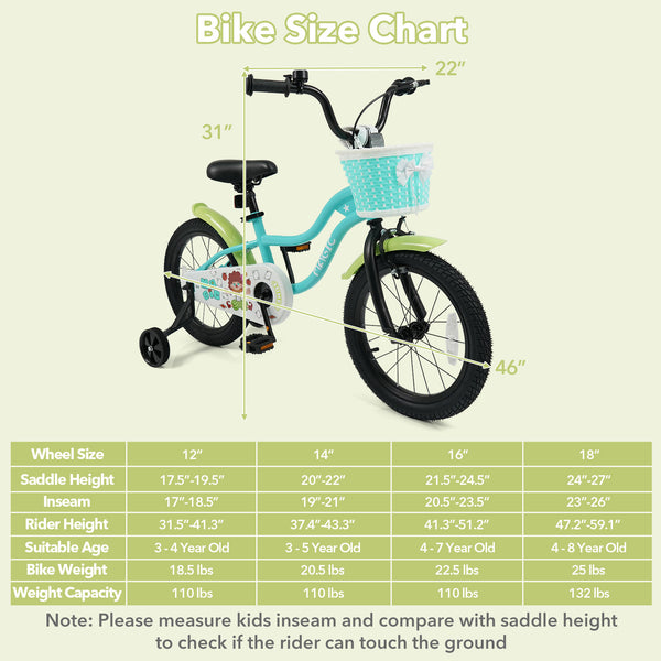 Green kids bike with training wheels and basket, available in 12/14/16 inches, perfect for outdoor play.