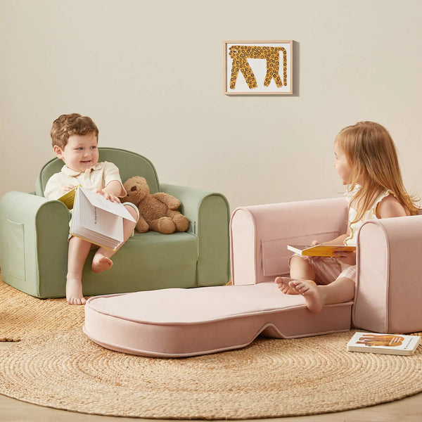 Tiny Land® GentleSnug Kid Chair in Sage - Comfortable seating for kids, shown from an angled view.