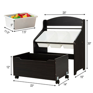 Kids wooden toy storage unit with rolling toy box and plastic bins, perfect for organizing playrooms.