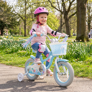 14 Inch Kids Bike Adjustable with Basket and Streamers Blue for Kids Aged 3-5 Years Old - Princess of the Sea Theme