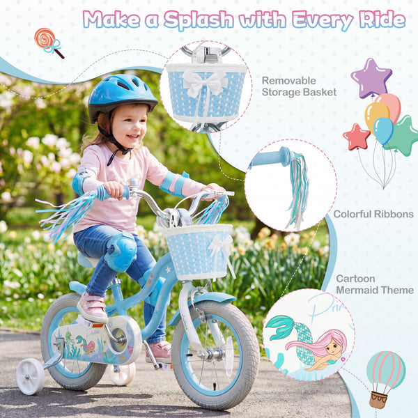 14 Inch Kids Bike Adjustable with Basket and Streamers Blue for Kids Aged 3-5 Years Old - Princess of the Sea Theme