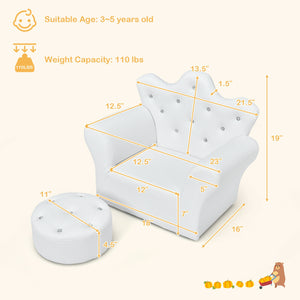 Pink kids sofa with armrests and ottoman, perfect for playrooms and nurseries, shown at angle 12.