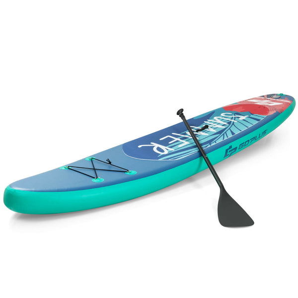 10 feet inflatable stand up paddle board with backpack, leash, and aluminum paddle, angled view for surfing enthusiasts.