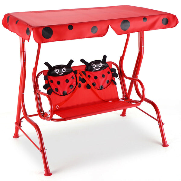 Kids patio swing bench with canopy for two, perfect for outdoor play and relaxation.