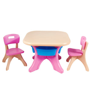 3-piece plastic play table and chair set for kids, perfect for indoor and outdoor use. Angle view showcasing design.
