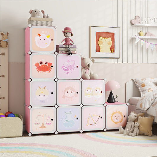 White 12 Cube Kids Wardrobe Closet with hanging section and doors, angled view for stylish kids storage solution.