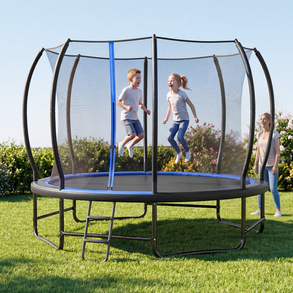 Outdoor Recreational Trampoline with Enclosure Net and 4 Stabilizer Bars for Backyard