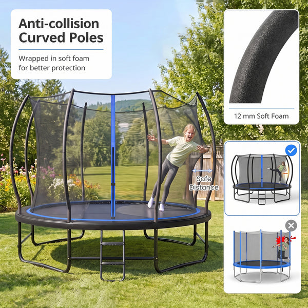 Outdoor Recreational Trampoline with Enclosure Net and 4 Stabilizer Bars for Backyard