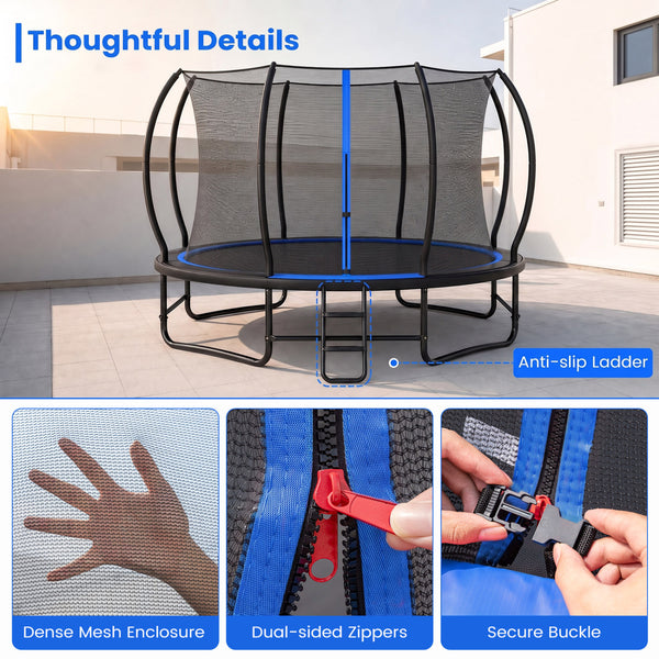 Outdoor Recreational Trampoline with Enclosure Net and 4 Stabilizer Bars for Backyard