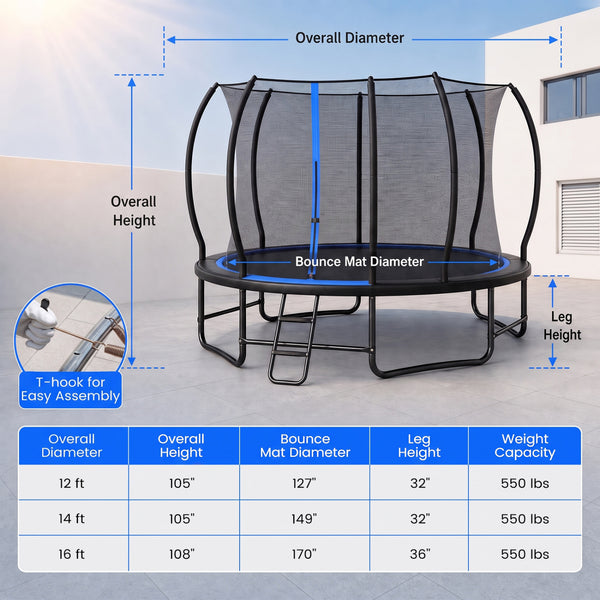 Outdoor Recreational Trampoline with Enclosure Net and 4 Stabilizer Bars for Backyard