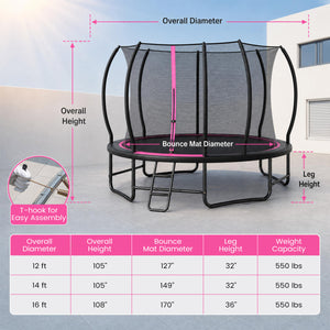 Outdoor Recreational Trampoline with Enclosure Net and 4 Stabilizer Bars for Backyard