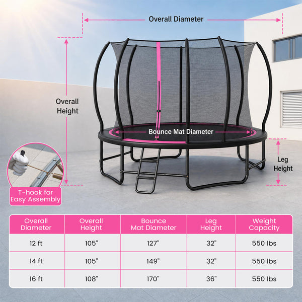 Outdoor Recreational Trampoline with Enclosure Net and 4 Stabilizer Bars for Backyard