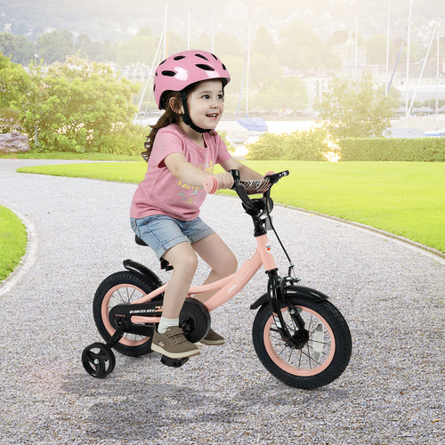 12-inch pink kids bike with adjustable seat and removable training wheels for ages 3-8, viewed at angle 29.