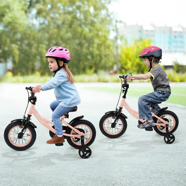 12-inch pink kids bike with adjustable seat and removable training wheels for ages 3-8.