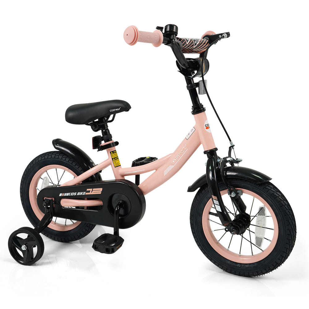 12-inch pink kids bike with adjustable seat and removable training wheels for ages 3-8.
