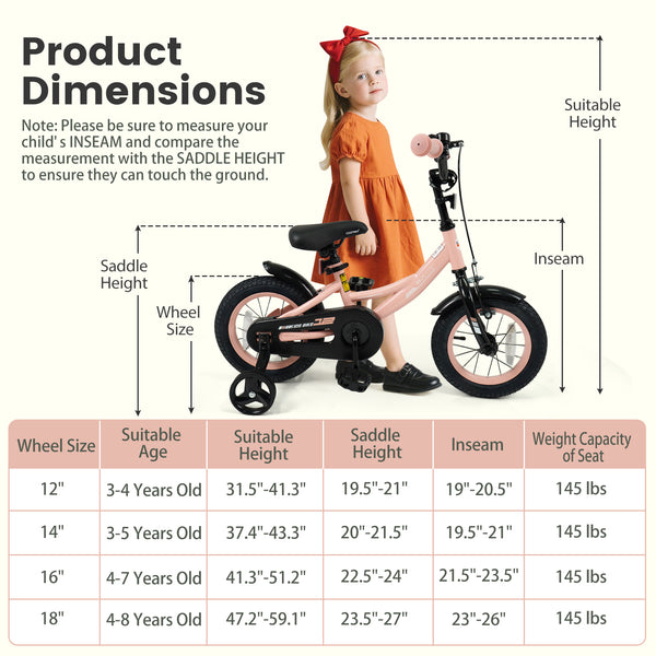 12-inch pink kids bike with adjustable seat and removable training wheels for ages 3-8, viewed from angle 3.