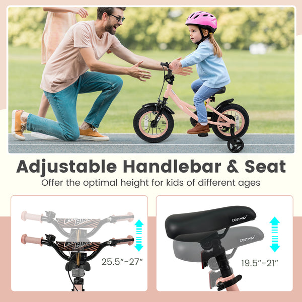 12-inch pink kids bike with adjustable seat and removable training wheels for ages 3-8, angled view.