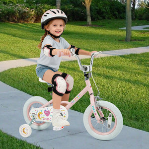 12-inch pink kids bike for ages 3-8 with stars and moon design, adjustable seat, viewed at angle 29.