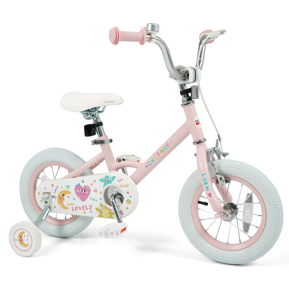 12-inch pink kids bike with stars and moon, adjustable for children ages 3-8, perfect for outdoor fun.