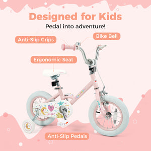 12-inch pink kids bike with stars and moon design, adjustable for children aged 3-8, shown from angle 4.