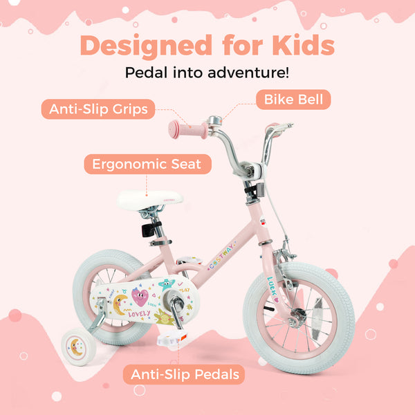 12-inch pink kids bike with stars and moon design, adjustable for children aged 3-8, shown from angle 4.