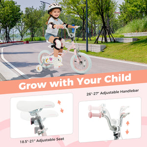 Pink 12-inch kids bike with stars and moon design, adjustable for children aged 3-8, shown from angle 6.