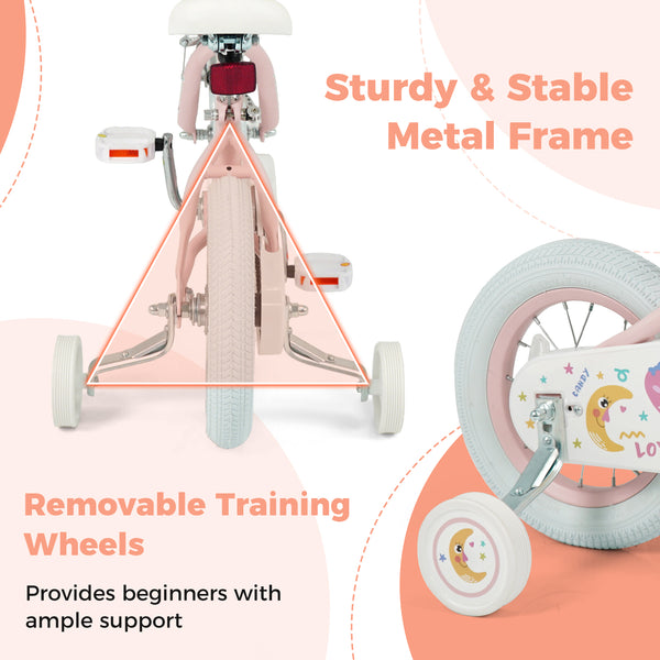 12-inch pink kids bike with stars and moon, adjustable for children ages 3-8, angled view.