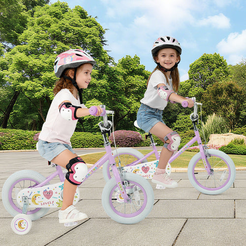 Purple 12-inch kids bike with stars and moon design, adjustable for children aged 3-8, viewed at angle 29.