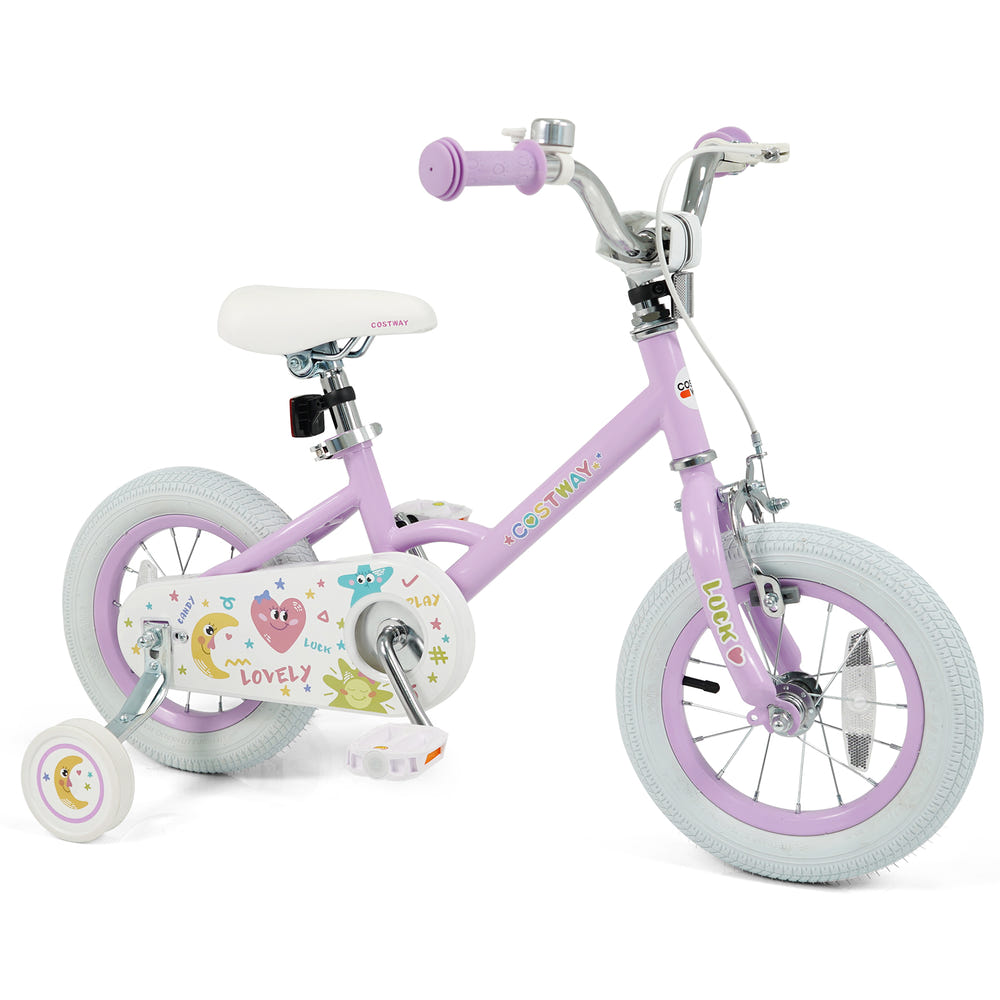 12-inch purple kids bike with stars and moon, adjustable for children ages 3-8, perfect for outdoor fun.