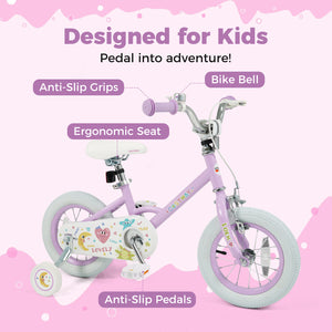 Purple 12-inch kids bike with stars and moon design, adjustable for children aged 3-8, shown from angle 4.