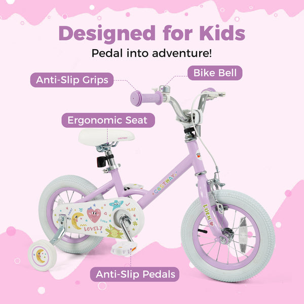 Purple 12-inch kids bike with stars and moon design, adjustable for children aged 3-8, shown from angle 4.