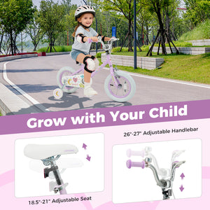 Purple 12-inch kids bike with stars and moon design, adjustable for children ages 3-8, shown at angle 6.