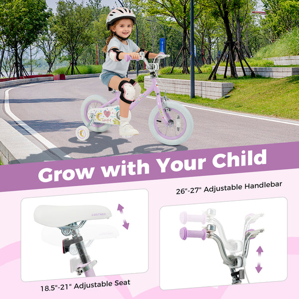 Purple 12-inch kids bike with stars and moon design, adjustable for children ages 3-8, shown at angle 6.