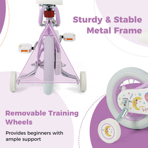 12-inch purple kids bike with stars and moon, adjustable for children ages 3-8, viewed from angle 7.