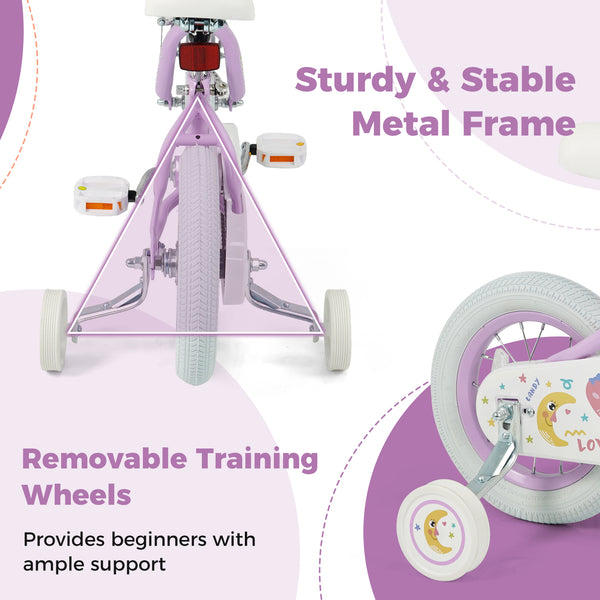 12-inch purple kids bike with stars and moon, adjustable for children ages 3-8, viewed from angle 7.