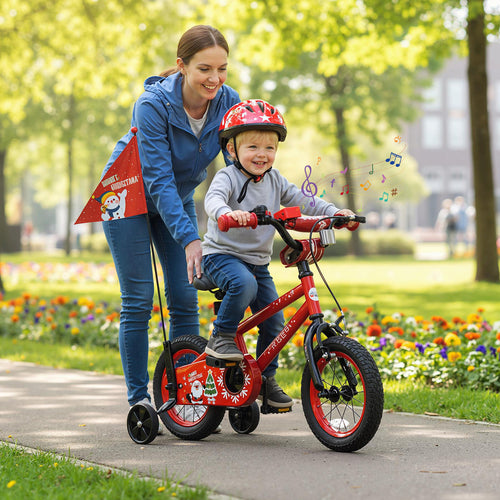 12-inch kids bike with adjustable features, Christmas music, and flag for ages 3-5, shown at angle 29.
