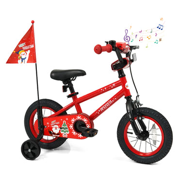 12-inch adjustable kids bike with Christmas music and flag for ages 3-5, perfect for festive outdoor fun.