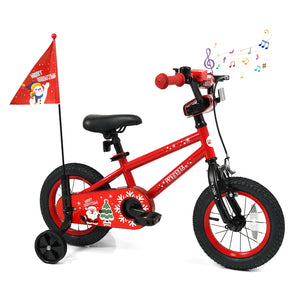 12-inch adjustable kids bike with Christmas music and flag for ages 3-5, perfect for festive outdoor fun.