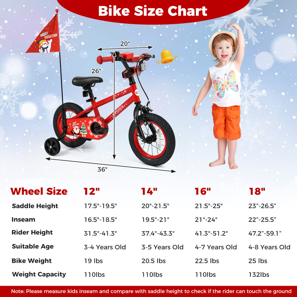 12-inch adjustable kids bike with Christmas music and flag for ages 3-5, perfect for festive outdoor fun.