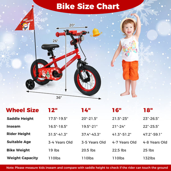 12-inch adjustable kids bike with Christmas music and flag for ages 3-5, shown from angle 2.