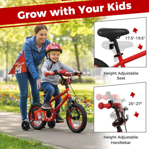 12-inch kids bike for ages 3-5 with adjustable features, Christmas music, and flag, shown from angle 3.
