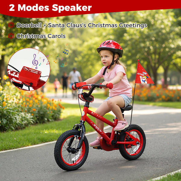 12-inch kids bike with adjustable features, Christmas music, and flag for ages 3-5, shown from angle 6.