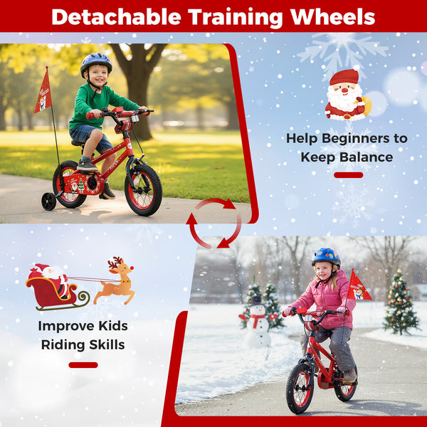 12-inch kids bike with adjustable features, Christmas music, and flag for ages 3-5, shown from angle 7.
