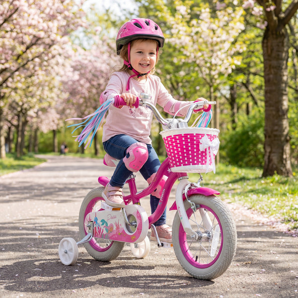 18-Inch Kids Bike Adjustable with Basket and Streamers Rose Red - Princess of the Sea Theme